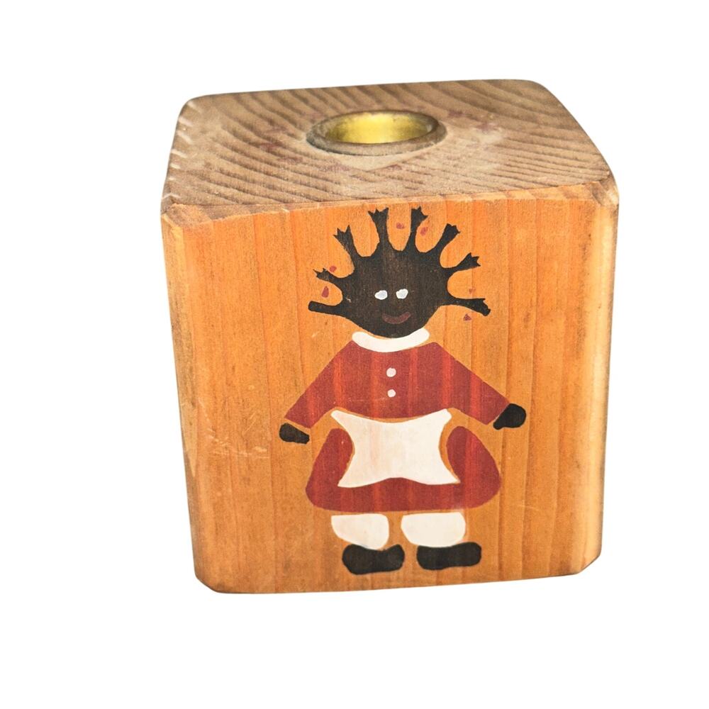 Vintage Wooden Block Taper Candle Holder Painted Americana Woman Heart